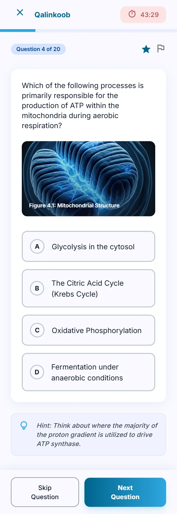 Qalinkoob quiz screen showing a timed biology question with four answer options and a hint
