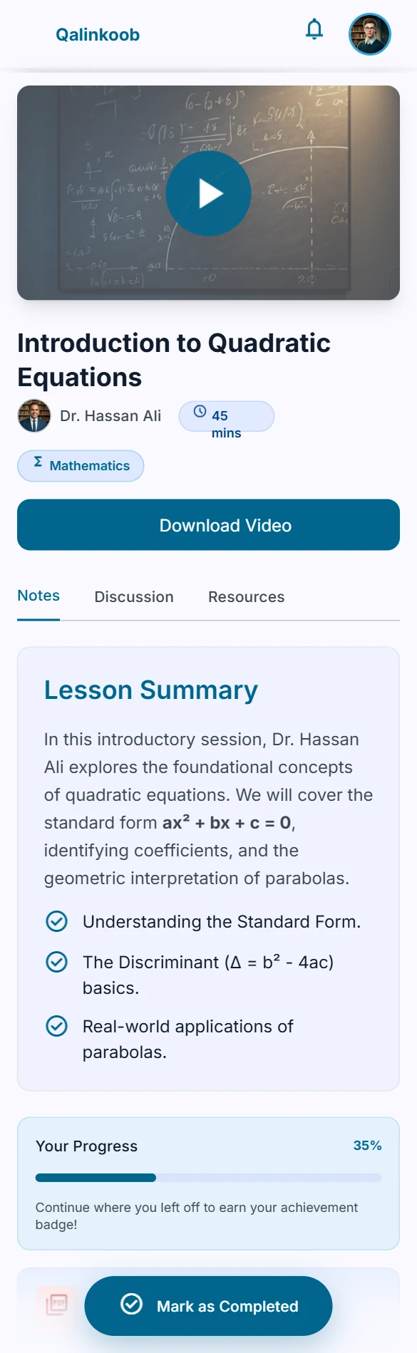 Qalinkoob lesson screen showing a quadratic equations video with a lesson summary and progress bar
